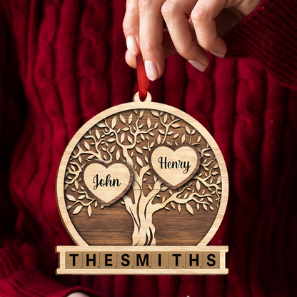 Family Heart Tree Of Life 2-Layered Wooden Ornament, Personalized Family Crossword 2-Layered Wooden Ornament