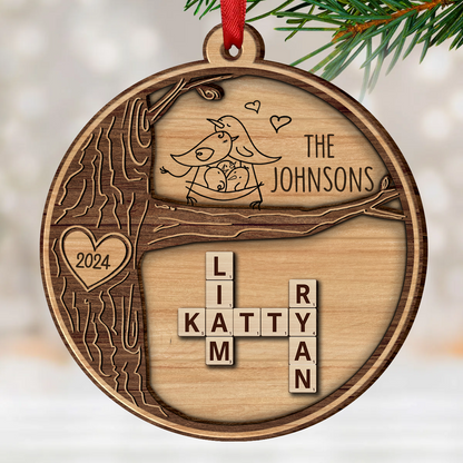 Family Tree Crossword Puzzle Art, Personalized 2-Layered Wooden Ornament