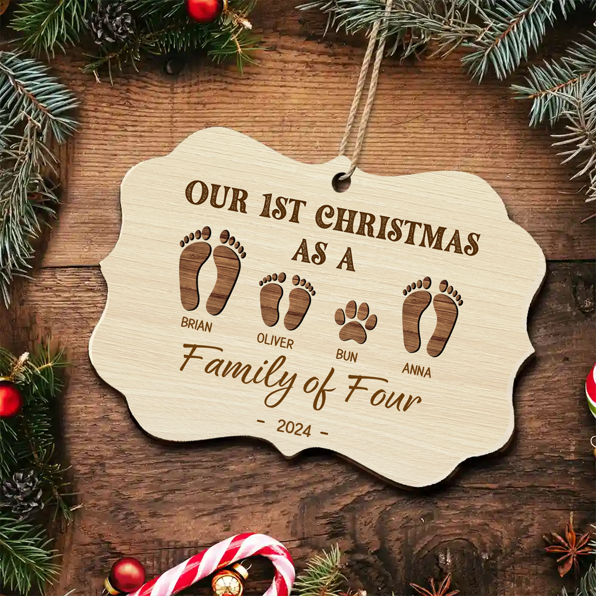 First Christmas As A Family Of Four Footprints - Personalized Medallion Wooden Ornament