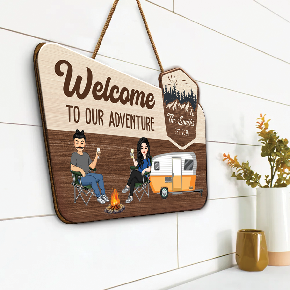 Camping Couple Welcome To Our Adventure - Personalized Custom Shaped Wood Sign