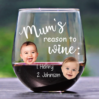 Custom Photo Mom's Reasons To Drink Custom Kid Names - Personalized Stemless Wine Glass