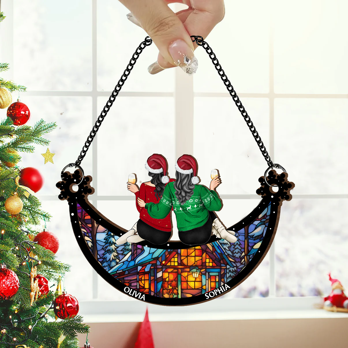 Besties Christmas Together - Personalized Window Hanging Suncatcher Ornament