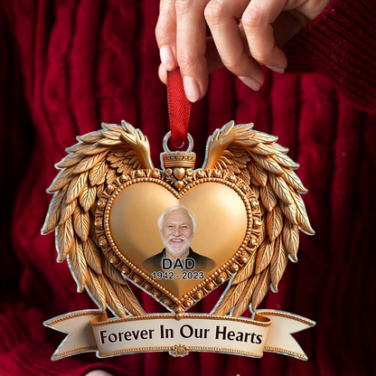 Forever In Our Hearts Angel Wings Photo Upload Memorial 3D Effect Personalized Acrylic Flat Ornament