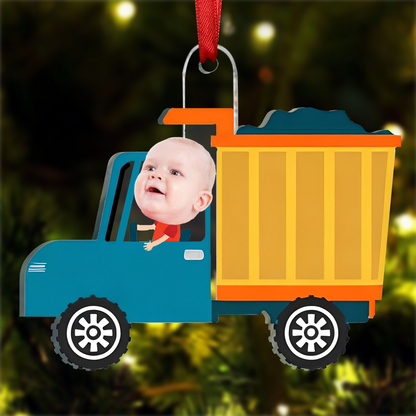 Christmas Boy Riding Construction Vehicle - Personalized Babys Photo First Christmas Ornament