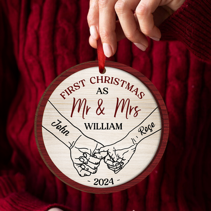 First Christmas As Mr & Mrs Couple Holding Hands - Personalized Wooden Ornament