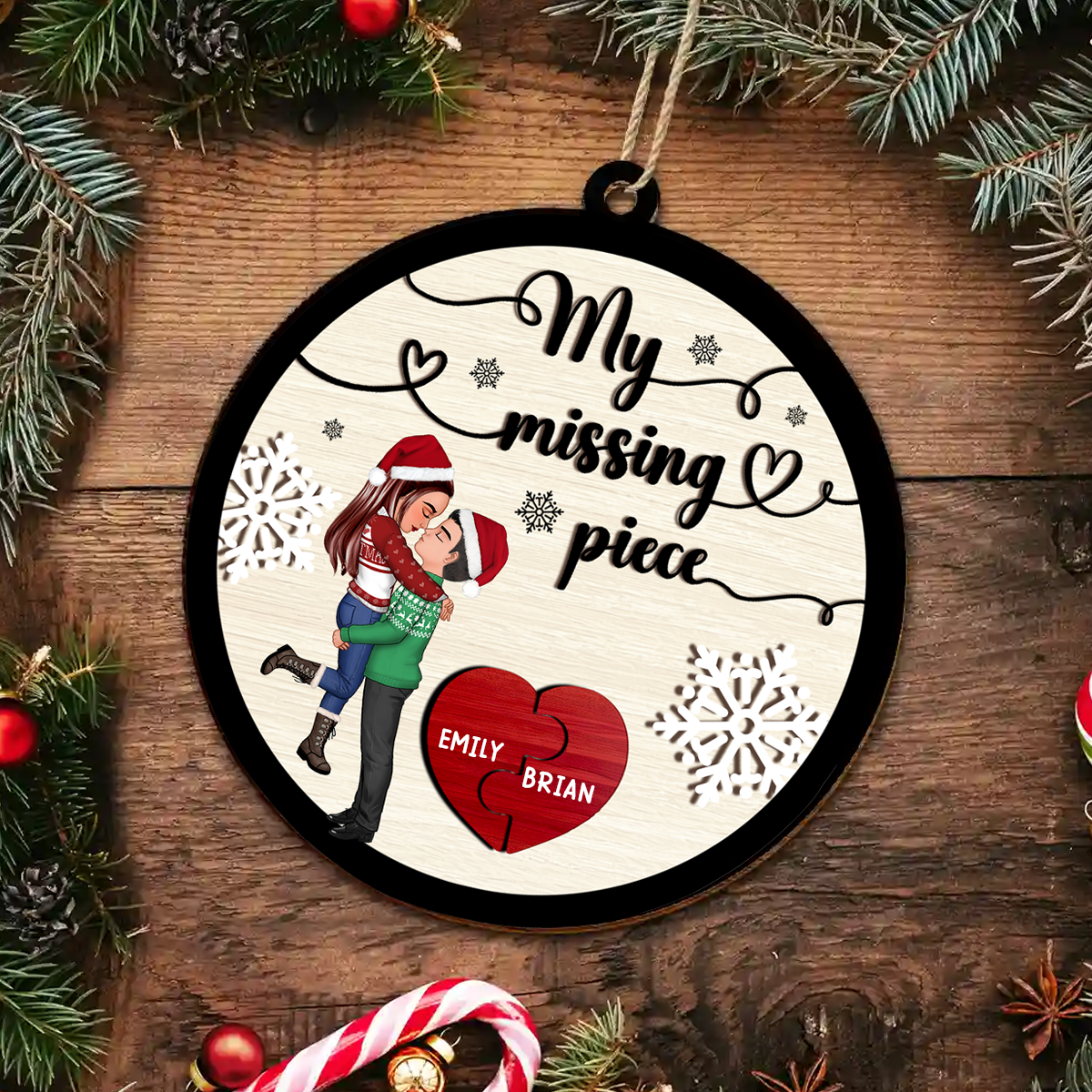 My Missing Piece Christmas Couple Hugging Kissing - Personalized Wooden Ornament