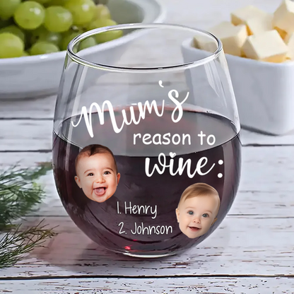 Custom Photo Mom's Reasons To Drink Custom Kid Names - Personalized Stemless Wine Glass