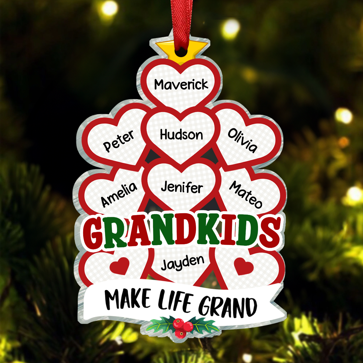 Grandkids Make Life Grand Hearts - Personalized Custom Shaped Acrylic Ornament