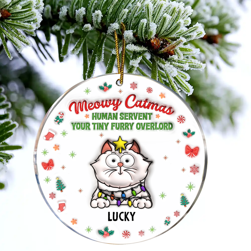 Meowy Catmas Human Servant - 3D Inflated Effect Printed Ornament, Personalized Circle Acrylic Ornament