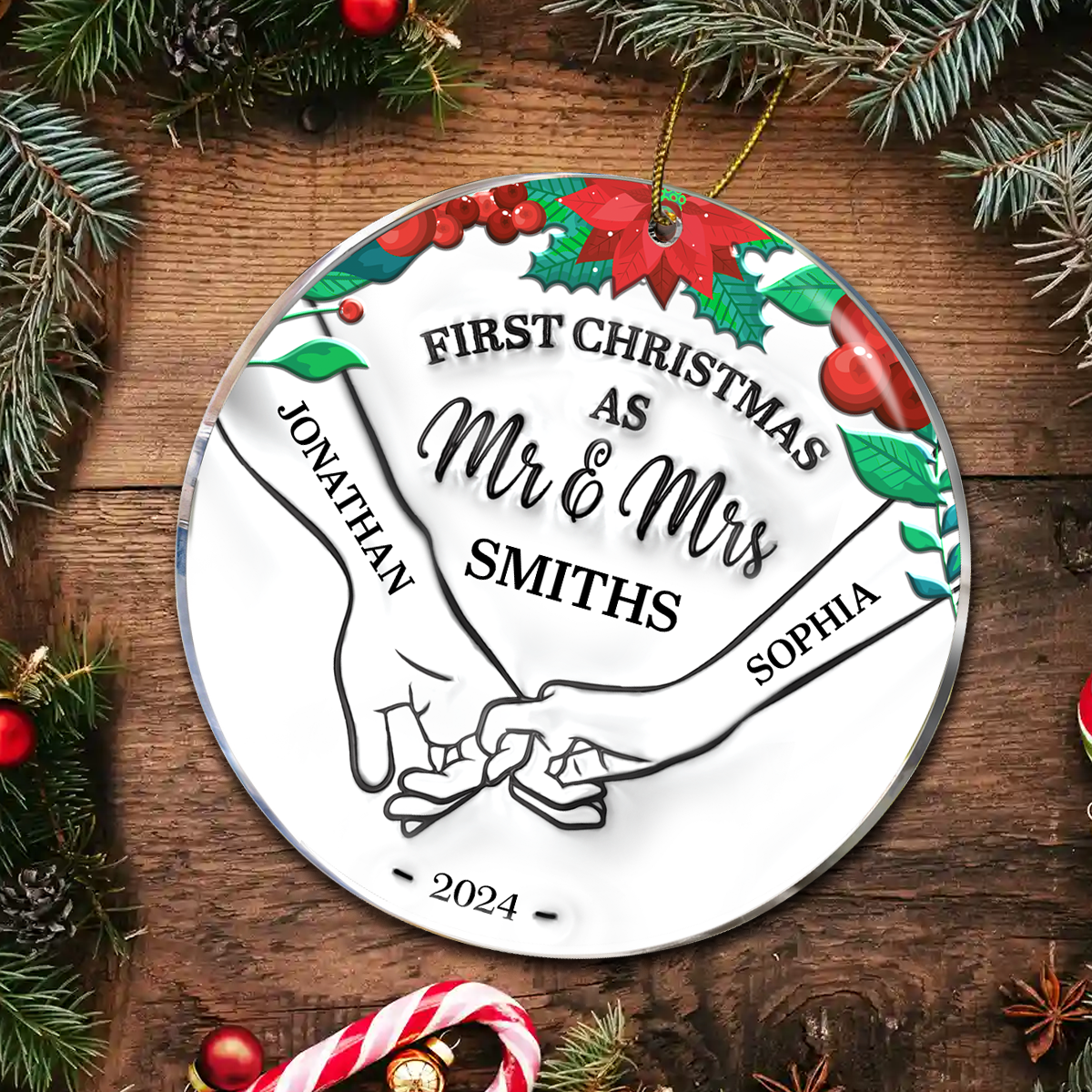 Holding Hands First Christmas Couple - 3D Inflated Effect Printed Ornament, Personalized Circle Ceramic Ornament