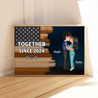 Hero Couple Kissing Half Flag Gifts by Occupation Firefighter, Nurse, Police Officer Personalized Horizontal Poster