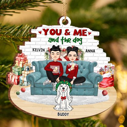 You And Me And The Dogs Cartoon Couples Christmas - Personalized Custom Shaped Wooden Ornament