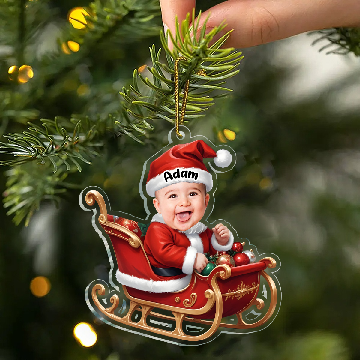 Custom Photo Baby In Sleigh - Personalized Custom Shaped Acrylic Ornament