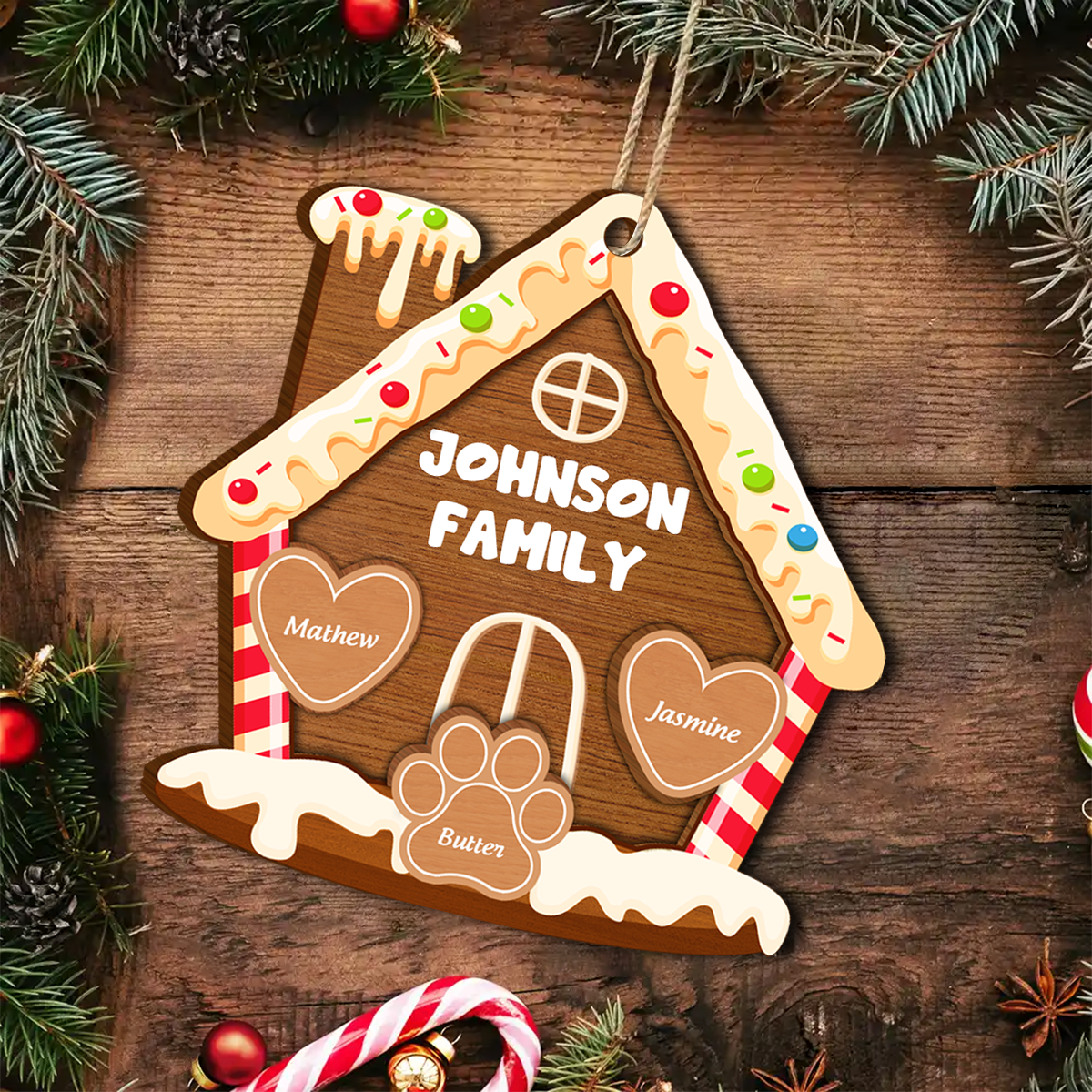 Gingerbread Cookie Family - Personalized Custom Shaped Wooden Ornament