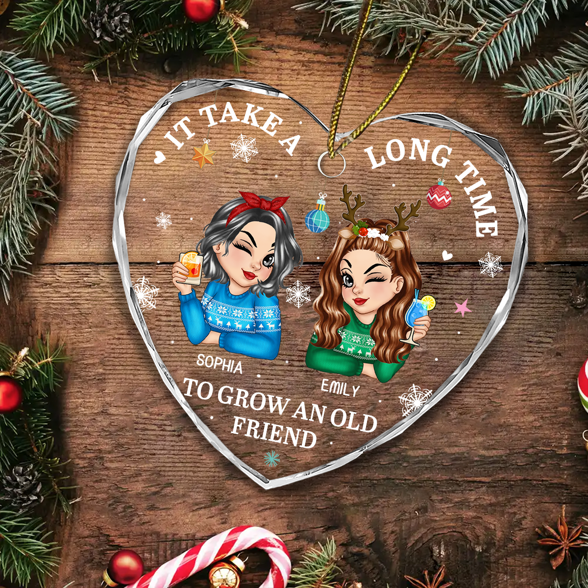 It Takes A Long Time To Grow An Old Friend Christmas - Personalized Heart Shaped Acrylic Ornament