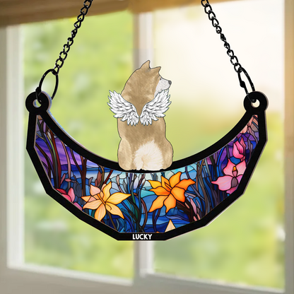 Memorial Dogs Cats Sitting On The Moon - Personalized Window Hanging Suncatcher Ornament