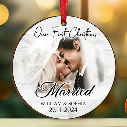 Custom Photo First Christmas As Mr & Mrs Couples - Personalized Custom Shaped Wooden Ornament