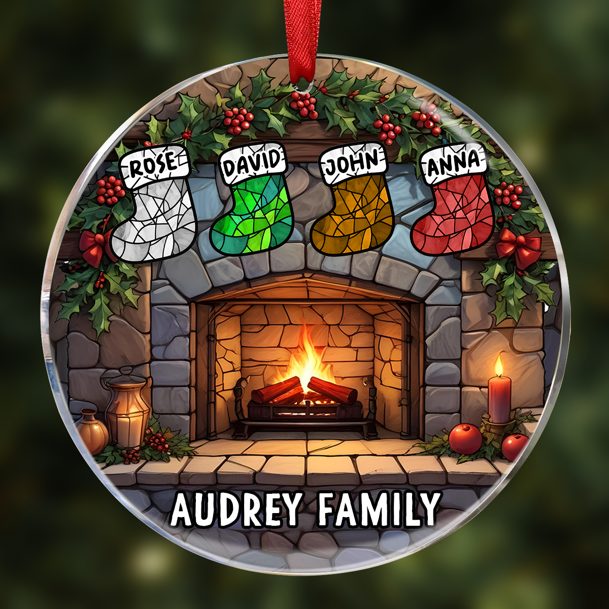 Christmas Stocking On Fireplace Family - Personalized Circle Acrylic Ornament