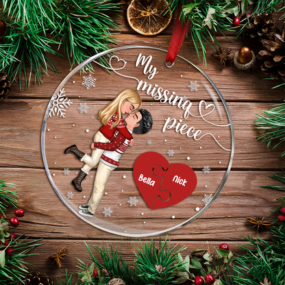 My Missing Piece Christmas Couple Hugging Kissing - Personalized Circle Acrylic Ornament