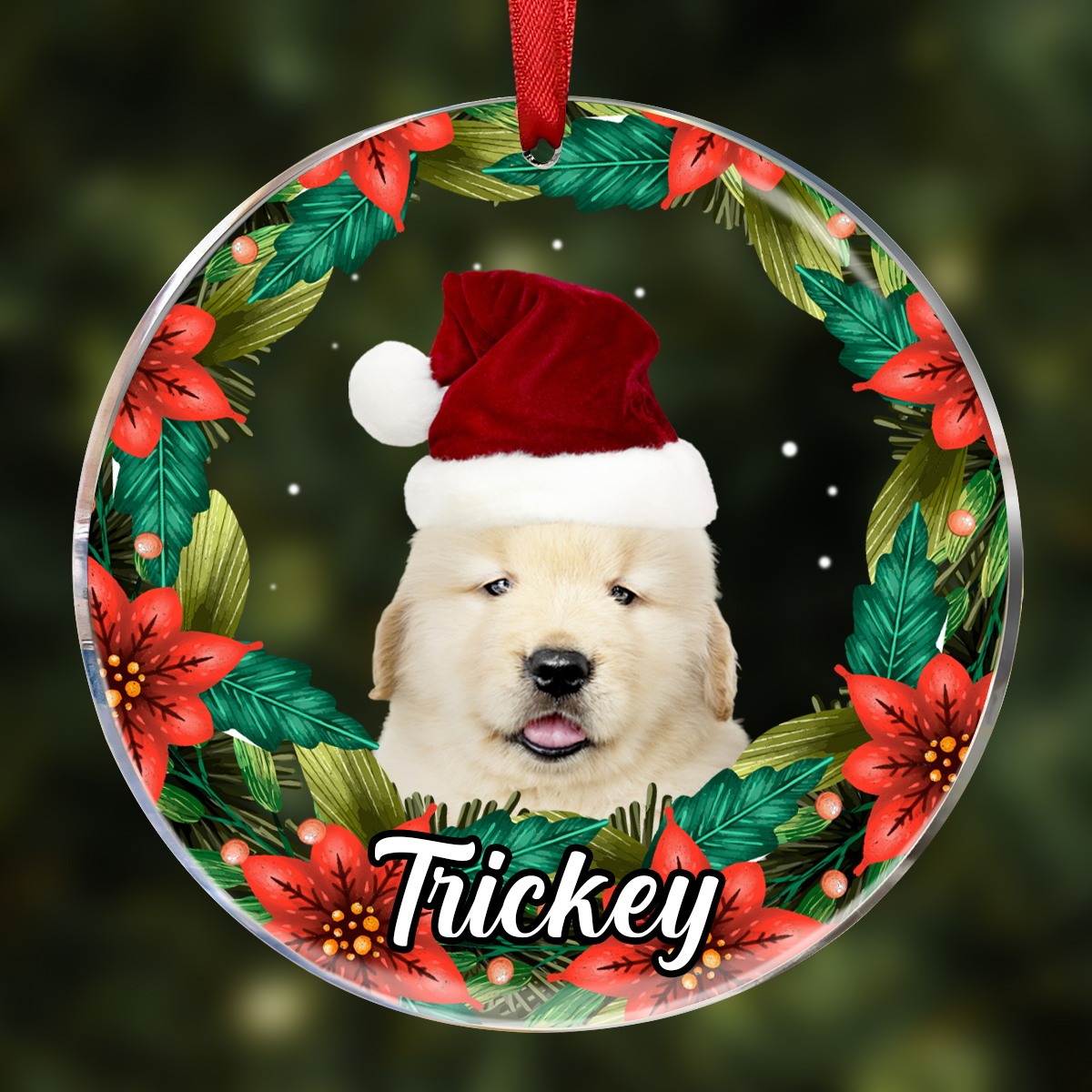 Custom Photo Pet Face Christmas Wreath Dog Cat Pet Memorial - Personalized Circle Glass Ornament