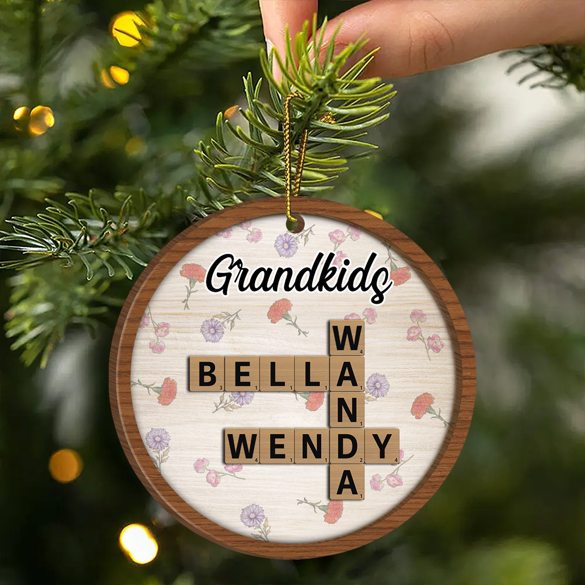 Grandkids Grandma's Garden Crossword Puzzle Art Birth Month Flower Personalized Wooden Ornament