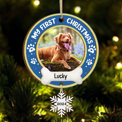 Custom Photo Dog Cat Pet's First Christmas - Personalized Mix Ornament With Wooden Tag