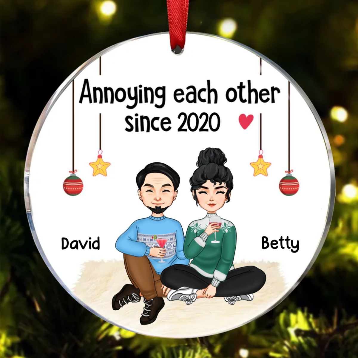 Doll Couple Sitting Christmas Gift For Him For Her Personalized Circle Ornament