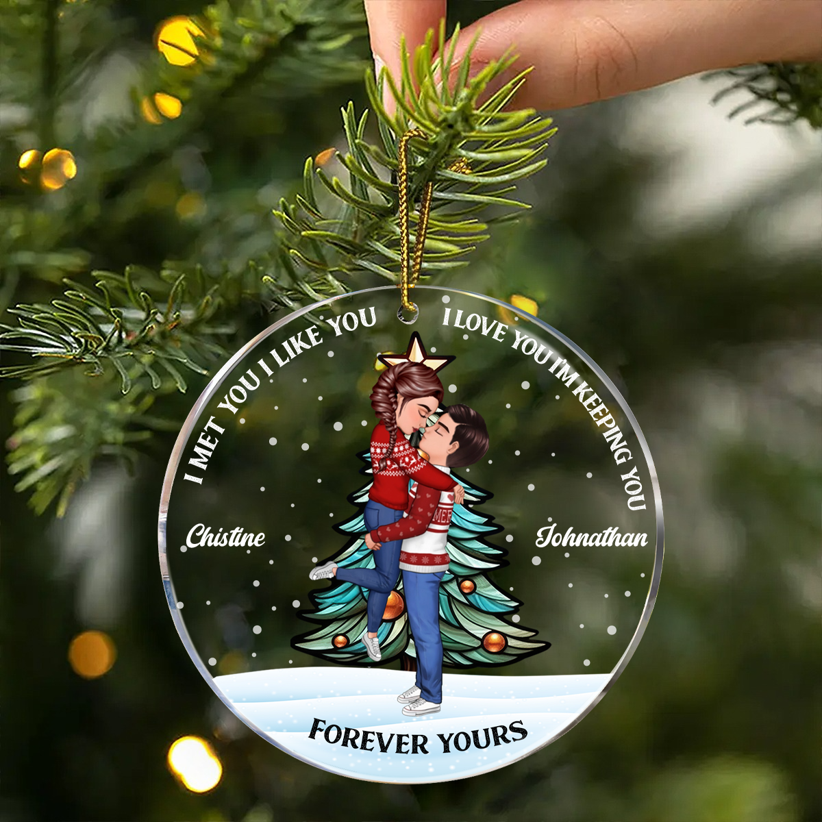 Christmas Couple Kissing Forever Yours - Personalized Circle Acrylic Ornament