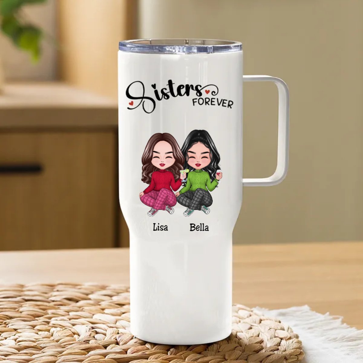 40oz Sisters - Sisters Forever - Personalized Tumbler With Handle - Makezbright Gifts