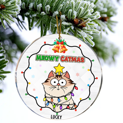 Funny Cats Meowy Catmas - Personalized Circle Acrylic Ornament