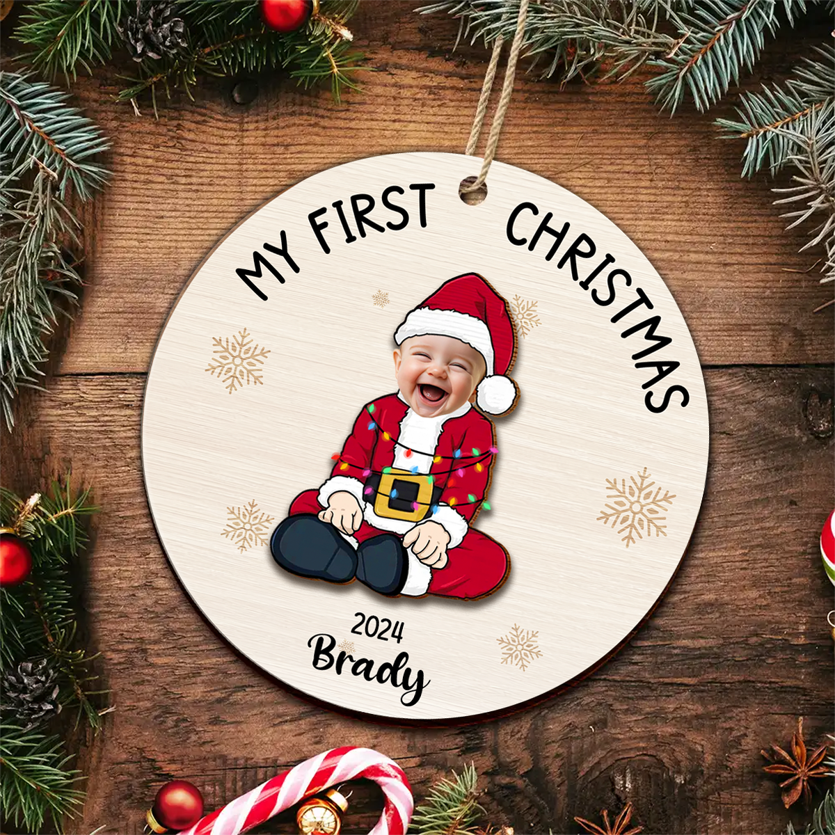 Custom Photo Baby's First Christmas Costumes - Personalized Wooden Ornament