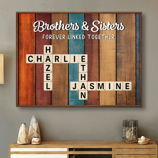 Colorful Palette Brothers & Sisters Forever Linked Together Crossword Puzzle Wall Art Home Decor Personalized Poster, Gift For Siblings, Family