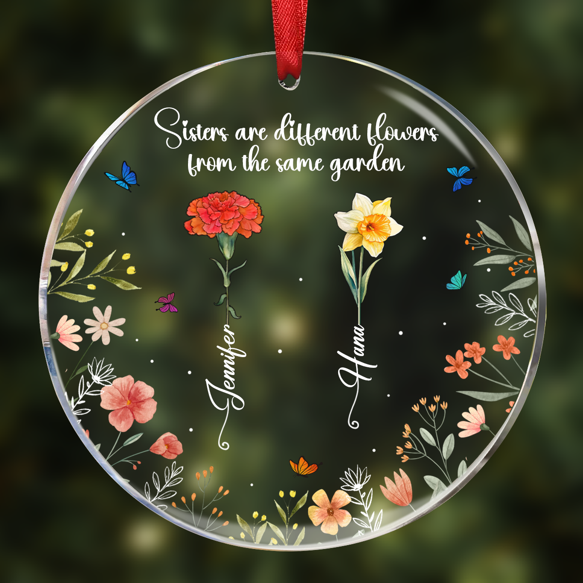 Birth Flower Sisters From The Same Garden - Personalized Circle Acrylic Ornament