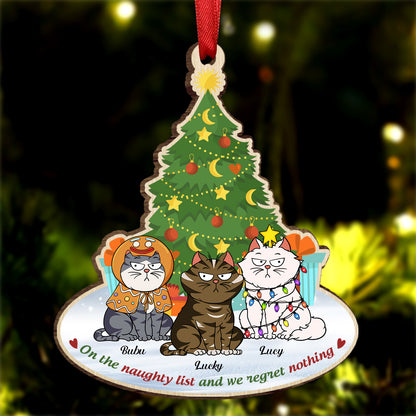 On The Naughty List & We Regret Nothing Funny Cartoon Cats - Christmas Gift For Cat Lovers - Personalized Custom Shaped Wooden Ornament