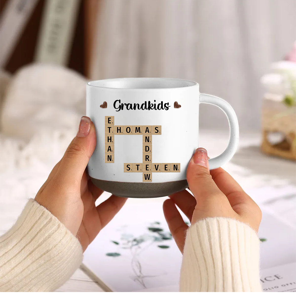 Grandkids Crossword Puzzle Art Personalized Pottery Mug, Christmas Gift For Grandma, Gift For Mom