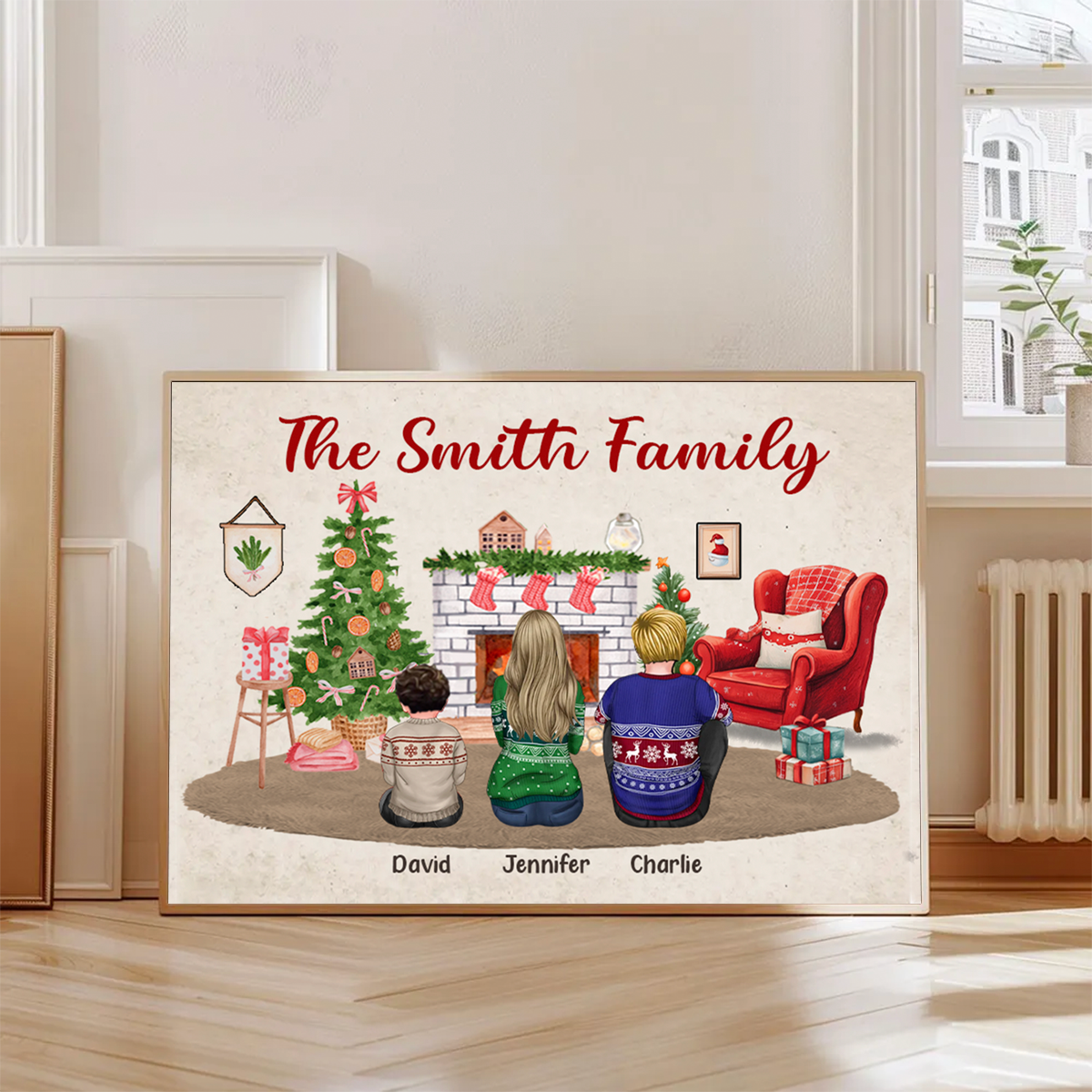 Christmas Family Back View Sitting Together At Fireplace Personalized Poster