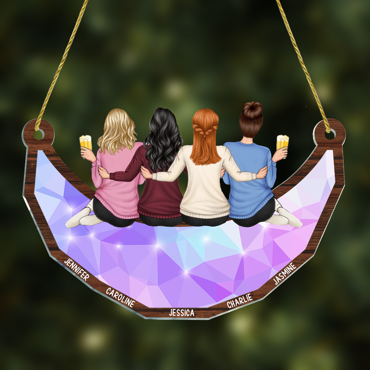 Besties Friends Sitting On The Moon - Personalized Window Hanging Suncatcher Ornament