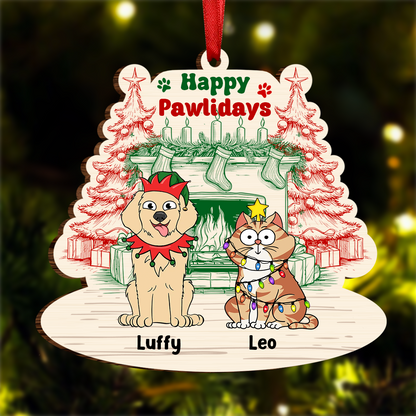 Happy Pawlidays Dog Cat - Personalized Custom Shaped Wooden Ornament