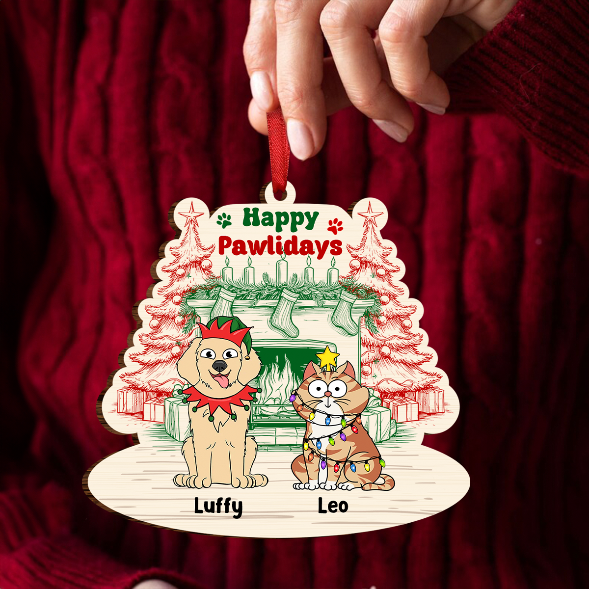 Happy Pawlidays Dog Cat - Personalized Custom Shaped Wooden Ornament