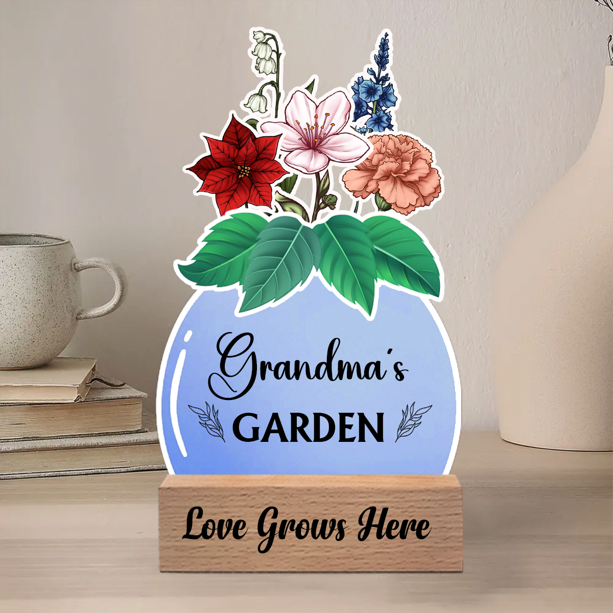 Birth Flower Grandma's Garden - Personalized Custom Shaped Cardstock With Wooden Stand