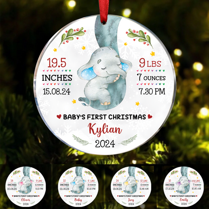 Family - Elephant Baby First Christmas 2024 - Personalized Circle Ornament