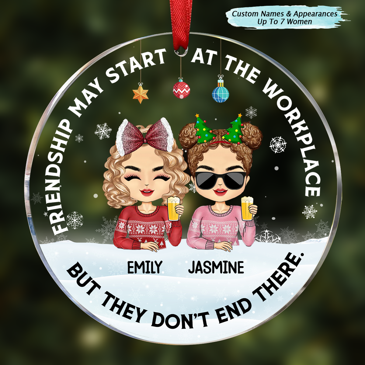 Friendships May Start At The Workplace Christmas Colleagues Chibi - Personalized Circle Acrylic Ornament