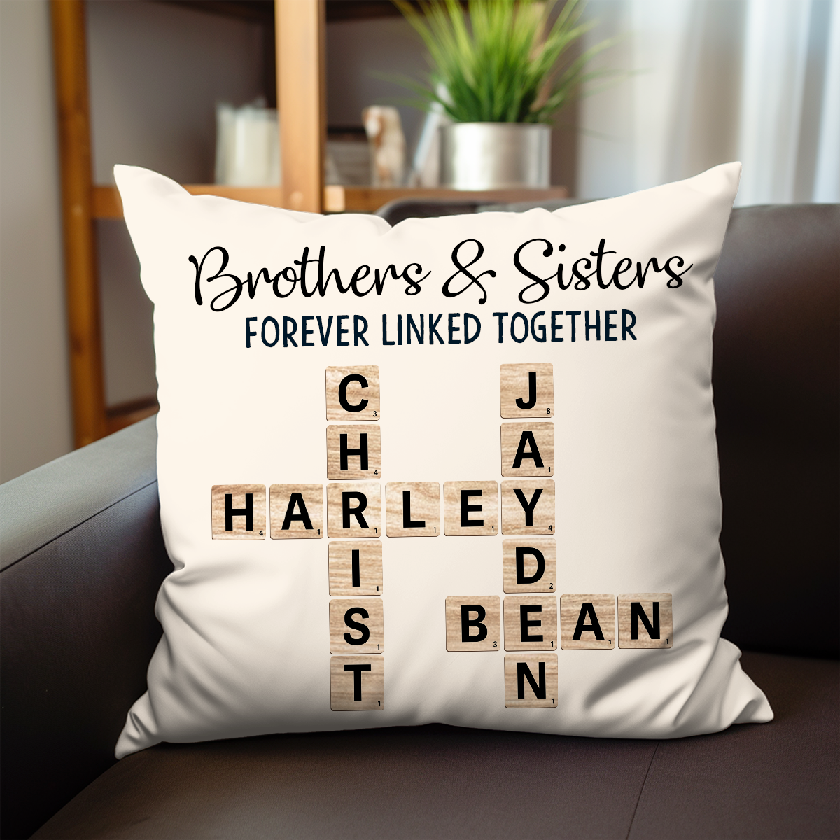 Brothers & Sisters Forever Linked Together Crossword Puzzle Art Personalized Pillow, Gift For Brothers, Sisters, Siblings, Family