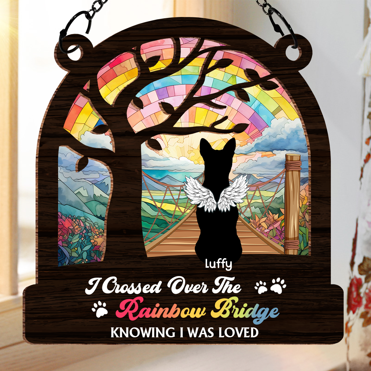 Dog Cat Silhouette Over The Rainbow Bridge - Personalized Window Hanging Suncatcher Ornament