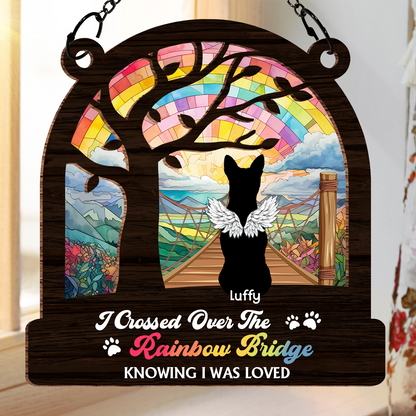 Dog Cat Silhouette Over The Rainbow Bridge - Personalized Window Hanging Suncatcher Ornament