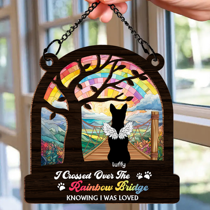 Dog Cat Silhouette Over The Rainbow Bridge - Personalized Window Hanging Suncatcher Ornament