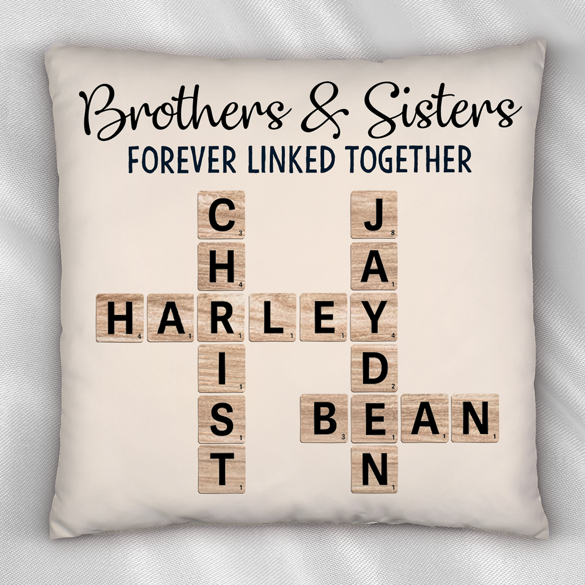 Brothers & Sisters Forever Linked Together Crossword Puzzle Art Personalized Pillow, Gift For Brothers, Sisters, Siblings, Family