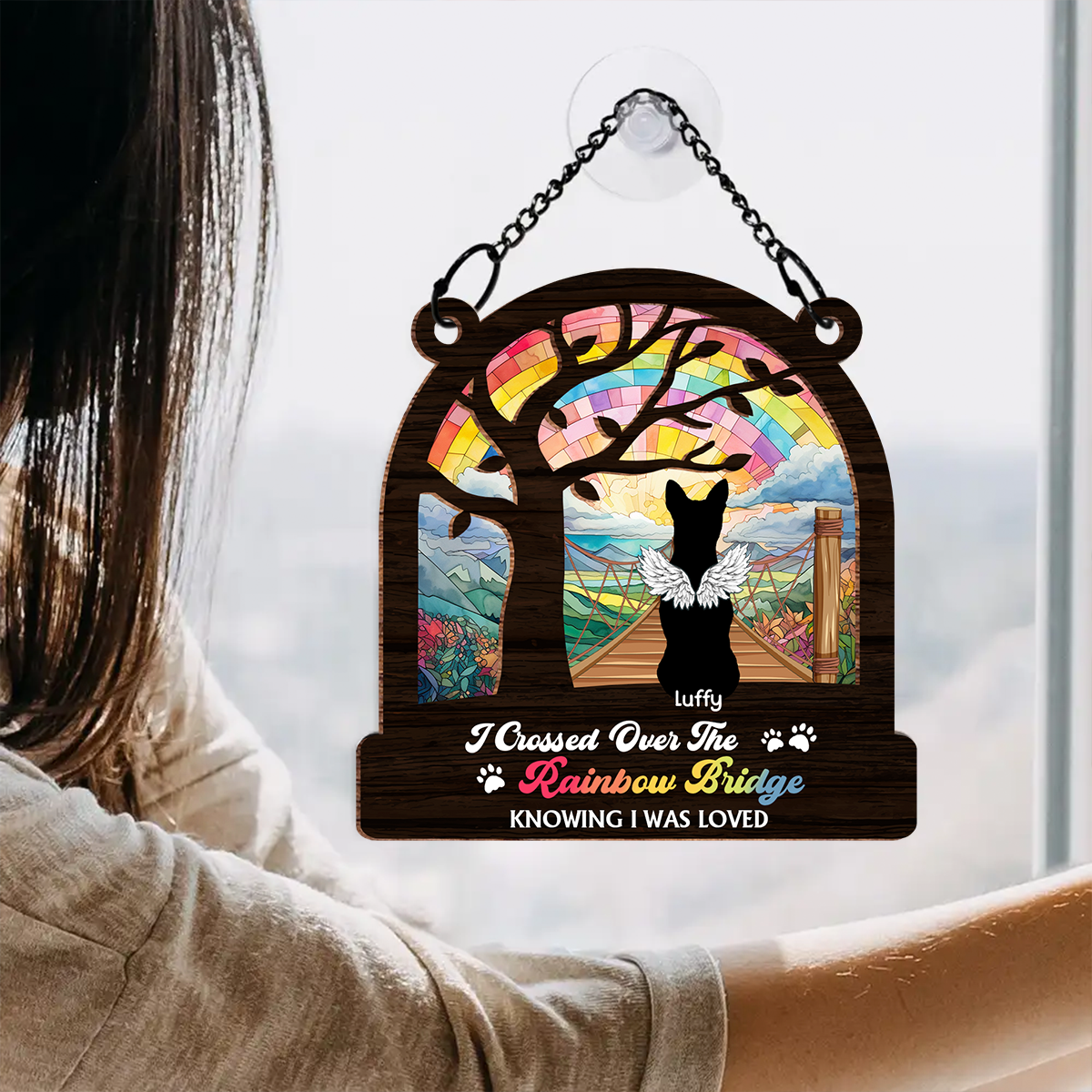 Dog Cat Silhouette Over The Rainbow Bridge - Personalized Window Hanging Suncatcher Ornament