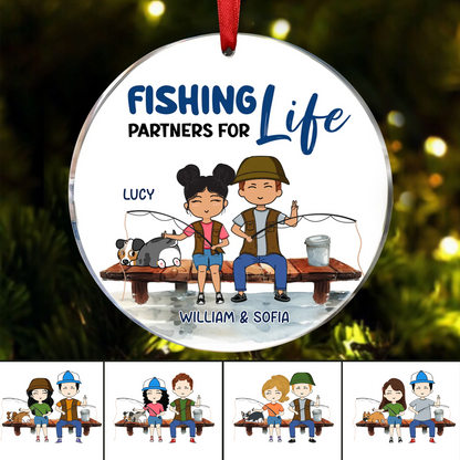 Fishing Partners Chibi Couple and Dog Personalized Circle Ornament