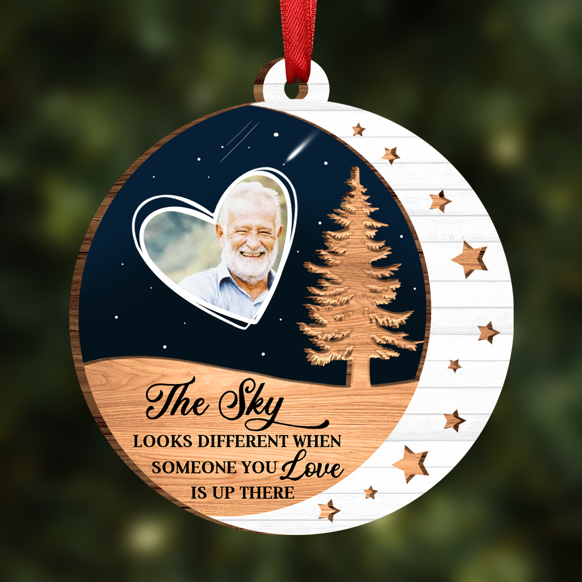 Custom Photo The Sky Looks Different Memorial - Personalized 2-Layered Wooden Ornament